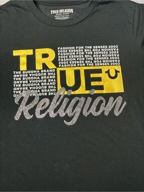 True Religion Women's Black Tee with Yellow Logo and Silver Stud Detail